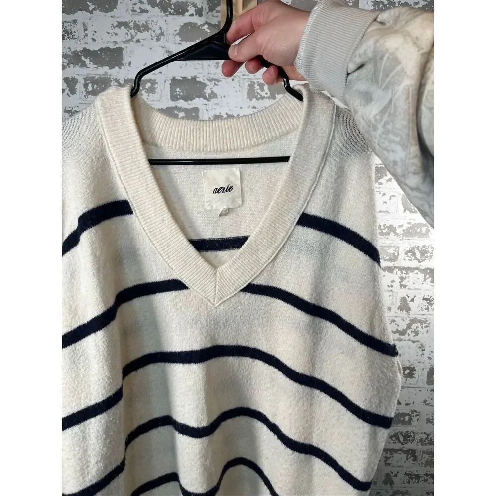 Aerie | women black and cream striped vneck sweater oversized